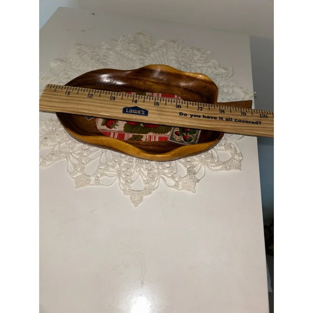 Lailani Monkey Pod Wood Leaf Tray Hawaii Strawberry Motif Vintage Catchall Dish